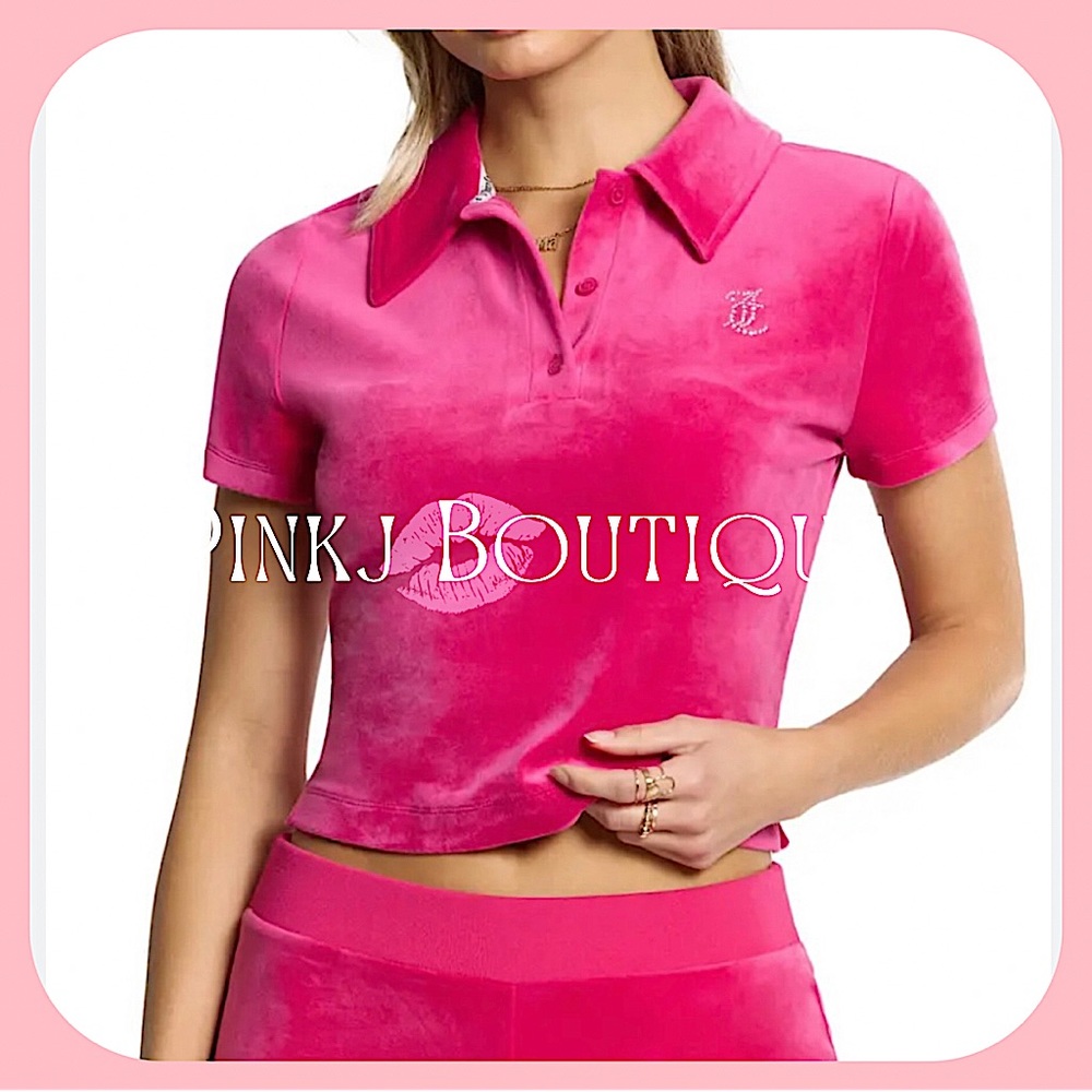 💗👚{Juicy Couture} Stylish Hot Pink Velour {Free Love} Bling Polo Top!